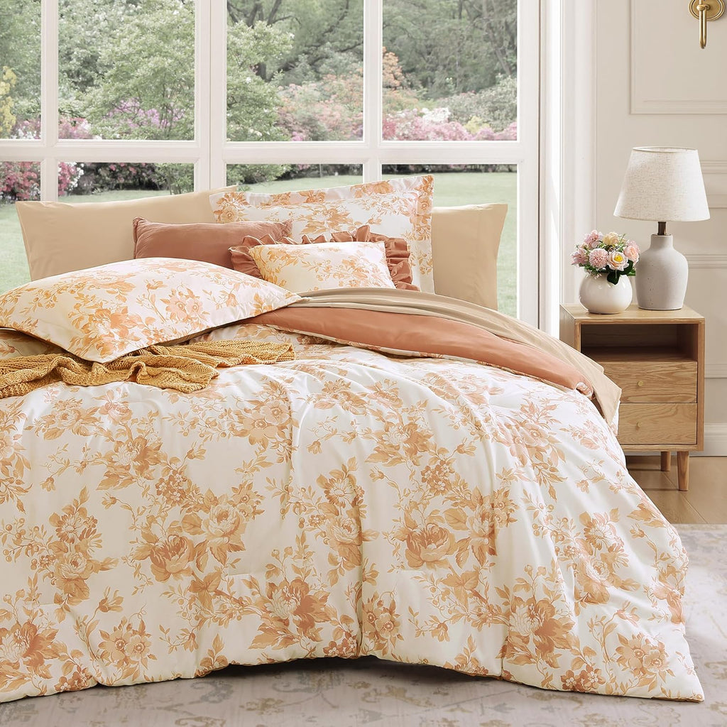 Amberspace Botanical Flowers Design 7-piece Bed in a Bag Comforter Set with Sheets