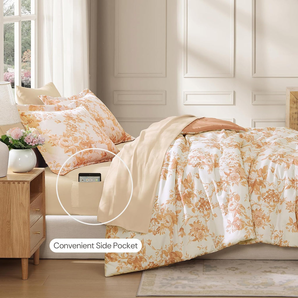 Amberspace Botanical Flowers Design 7-piece Bed in a Bag Comforter Set with Sheets