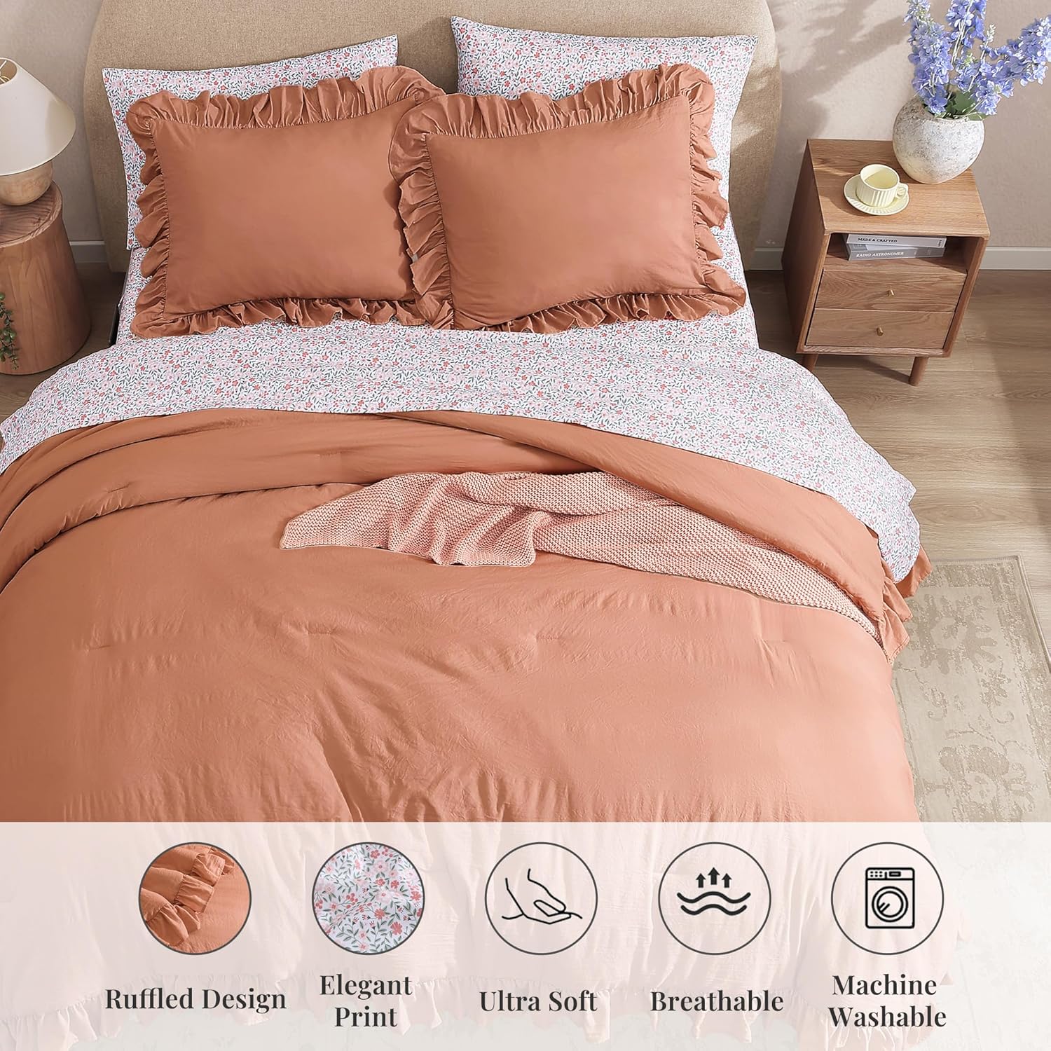 Amberspace Ruffle Design 7-piece Bed in a Bag Comforter Set with Sheets