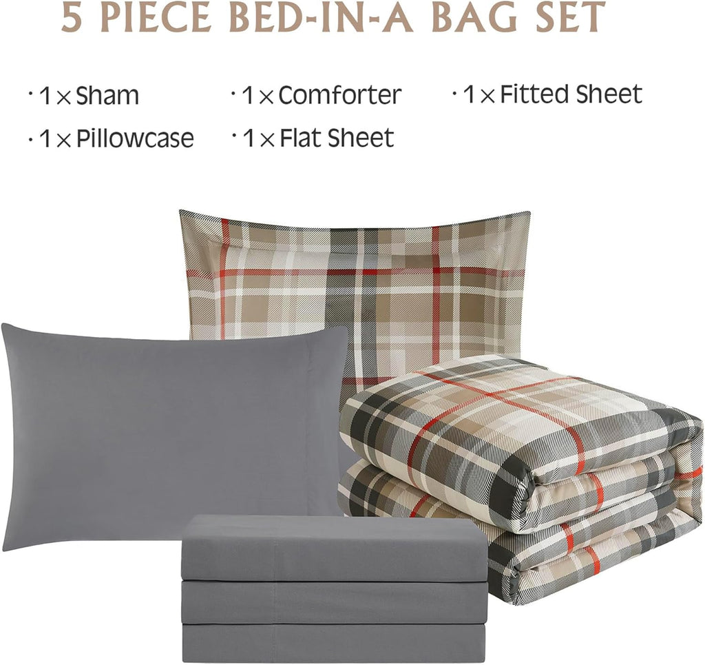 Amberspace Plaid Design Bed in a Bag Comforter Set with Sheets