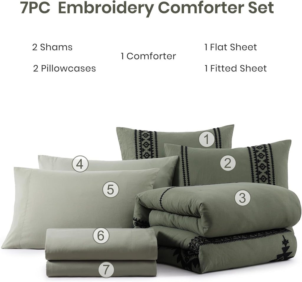 Amberspace Embroidery 7-piece Bed in a Bag Full Comforter Set with Sheets