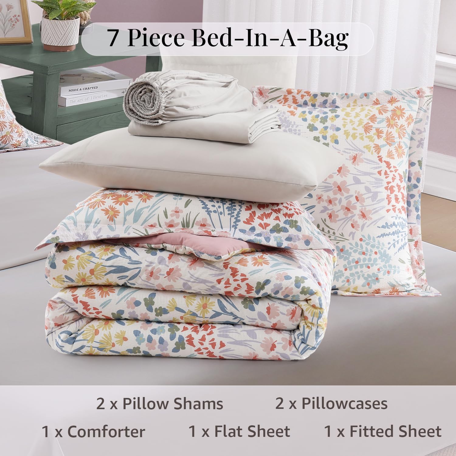 Amberspace Floral 7-piece Bed in a Bag Set with Sheets