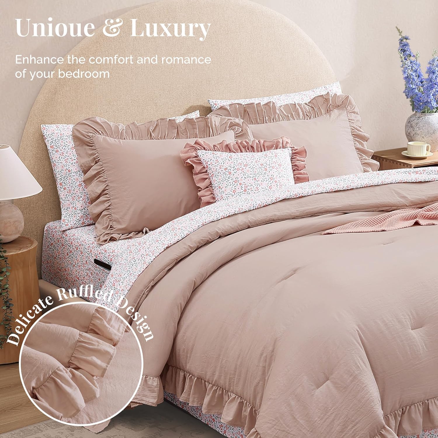 Amberspace Ruffle Design 7-piece Bed in a Bag Comforter Set with Sheets