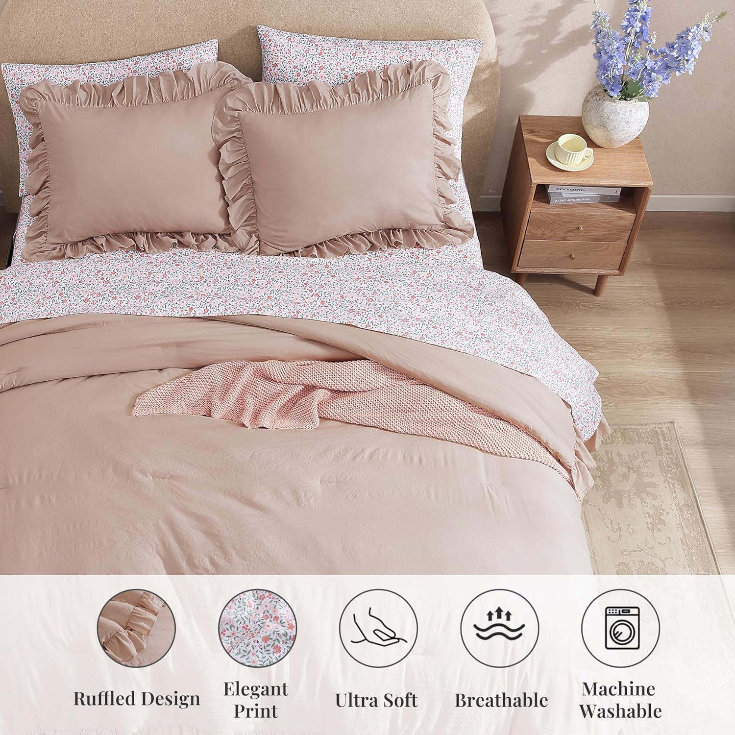 Amberspace Ruffle Design 7-piece Bed in a Bag Comforter Set with Sheets