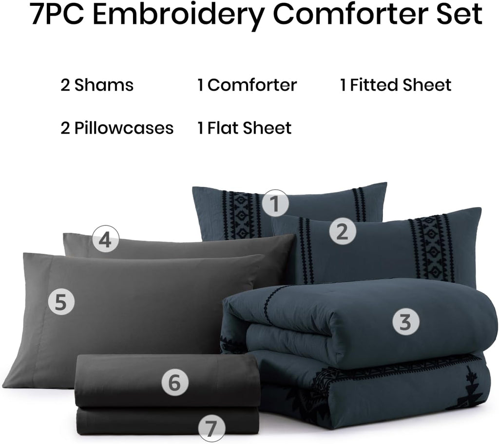 Amberspace Embroidery 7-piece Bed in a Bag Full Comforter Set with Sheets