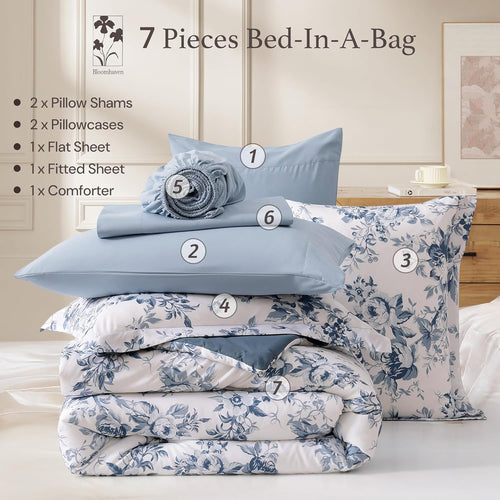 Amberspace Botanical Flowers Design 7-piece Bed in a Bag Comforter Set with Sheets