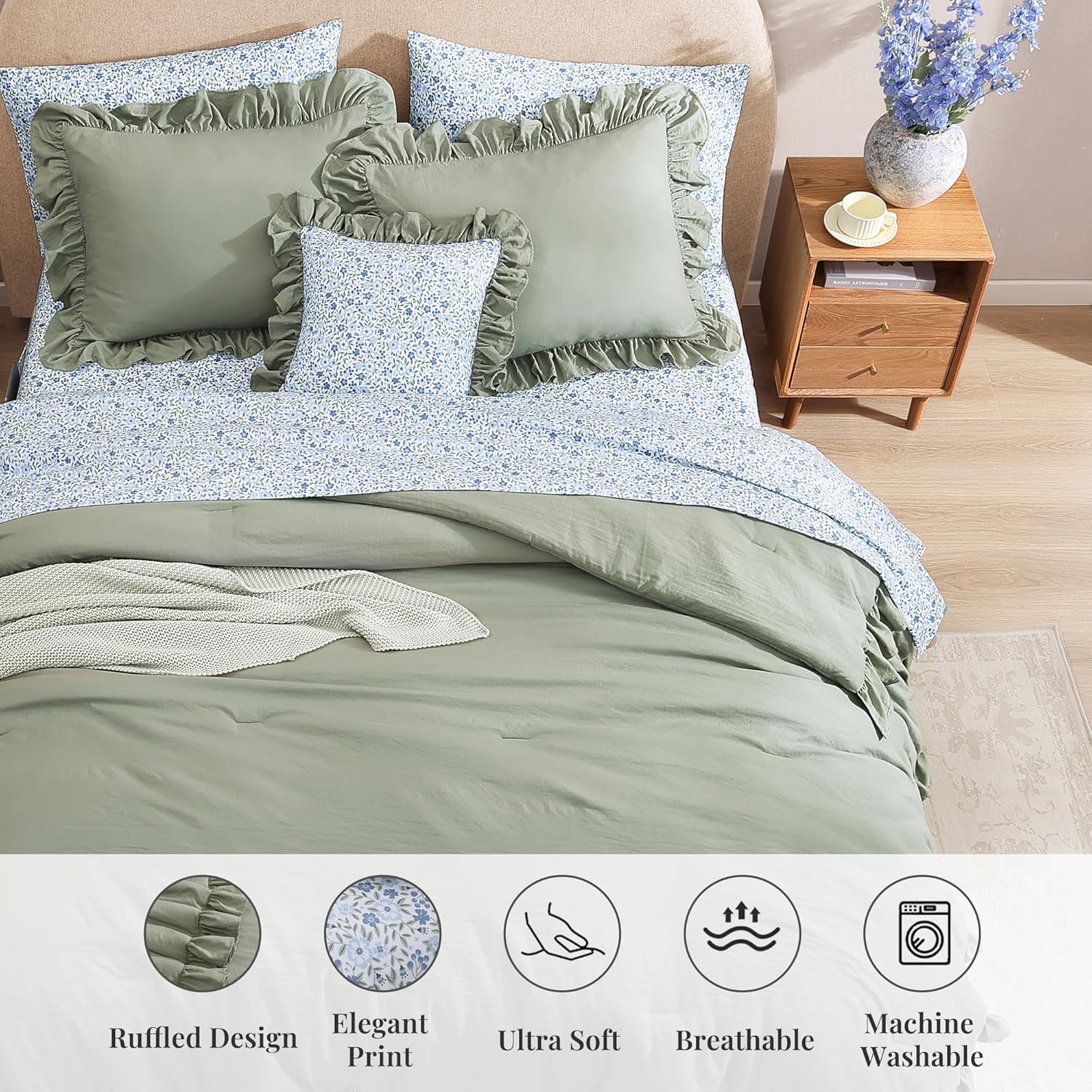 Amberspace Ruffle Design 7-piece Bed in a Bag Comforter Set with Sheets