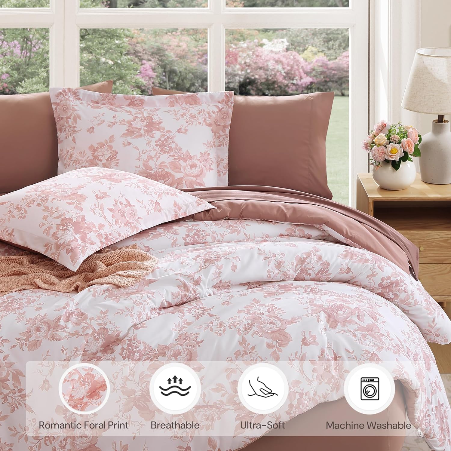 Amberspace Botanical Flowers Design 7-piece Bed in a Bag Comforter Set with Sheets