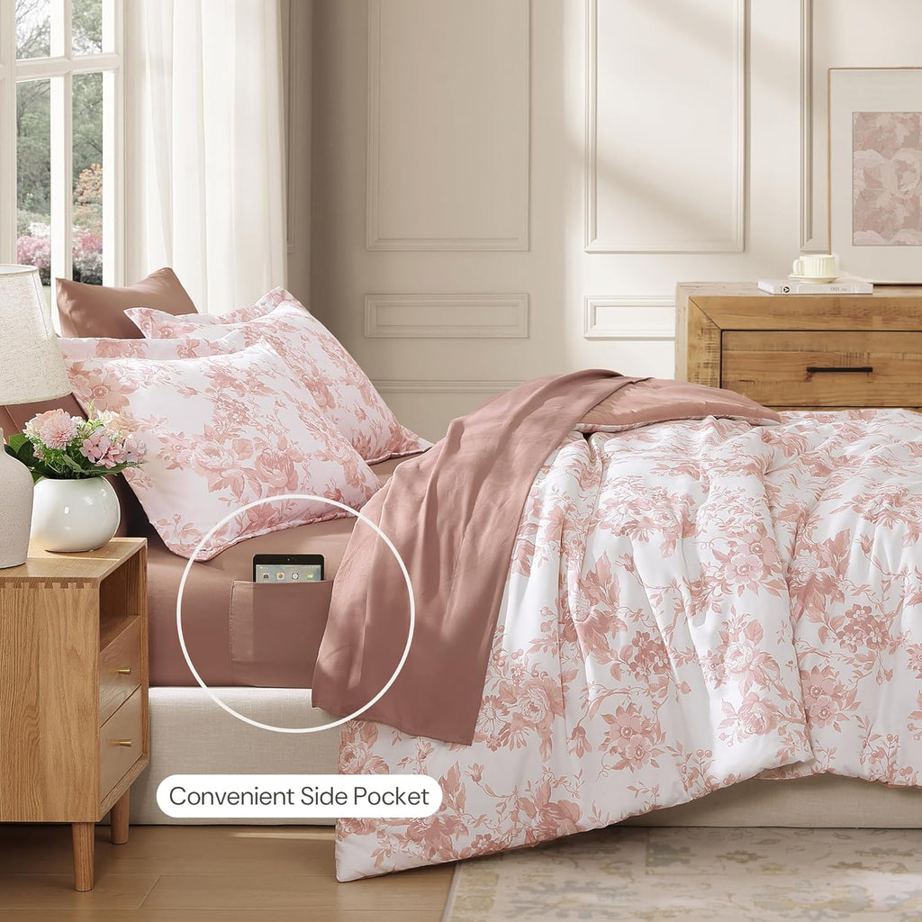 Amberspace Botanical Flowers Design 7-piece Bed in a Bag Comforter Set with Sheets