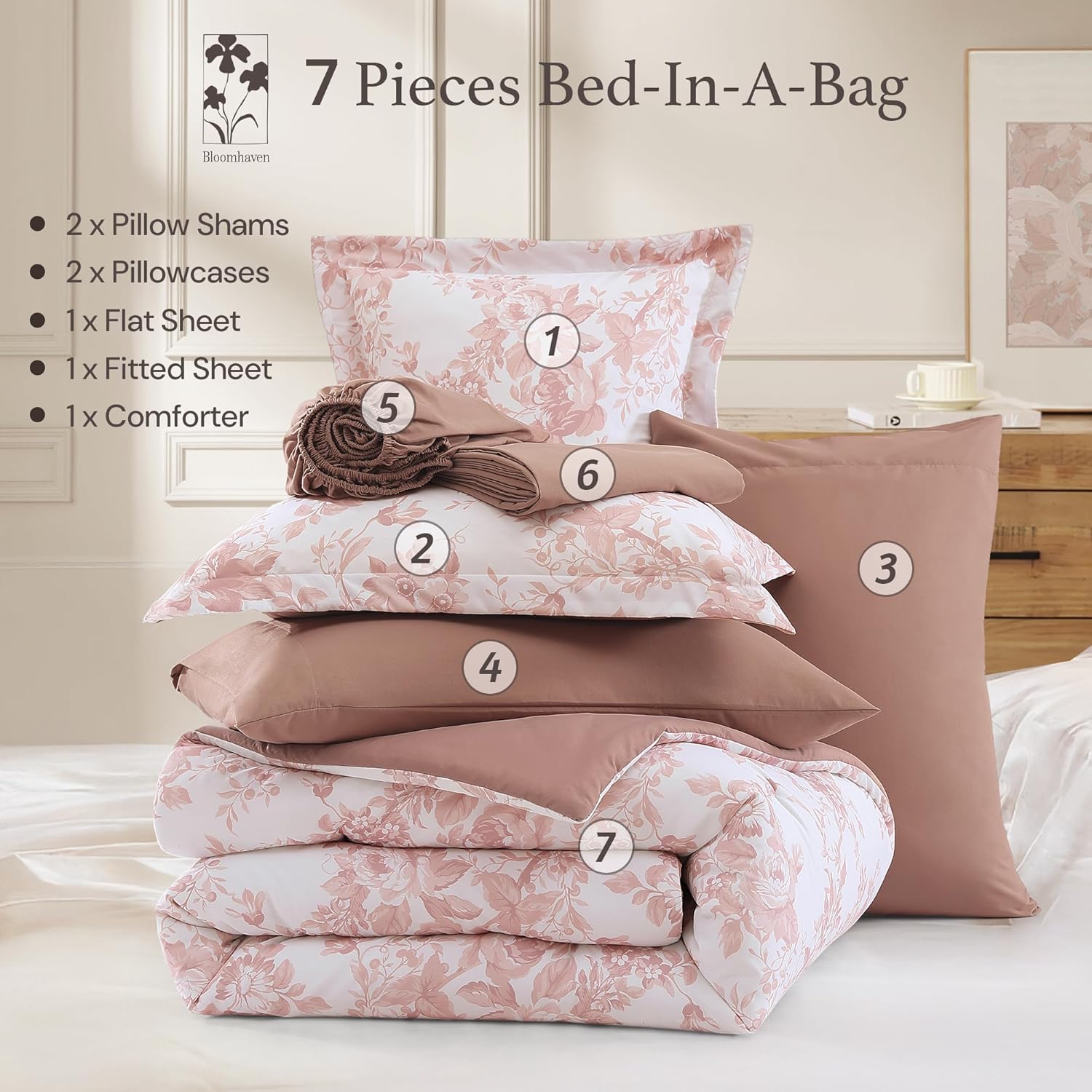 Amberspace Botanical Flowers Design 7-piece Bed in a Bag Comforter Set with Sheets