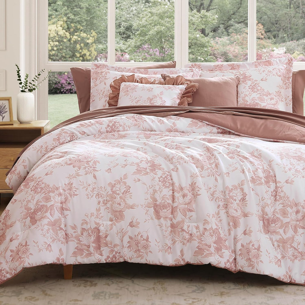 Amberspace Botanical Flowers Design 7-piece Bed in a Bag Comforter Set with Sheets