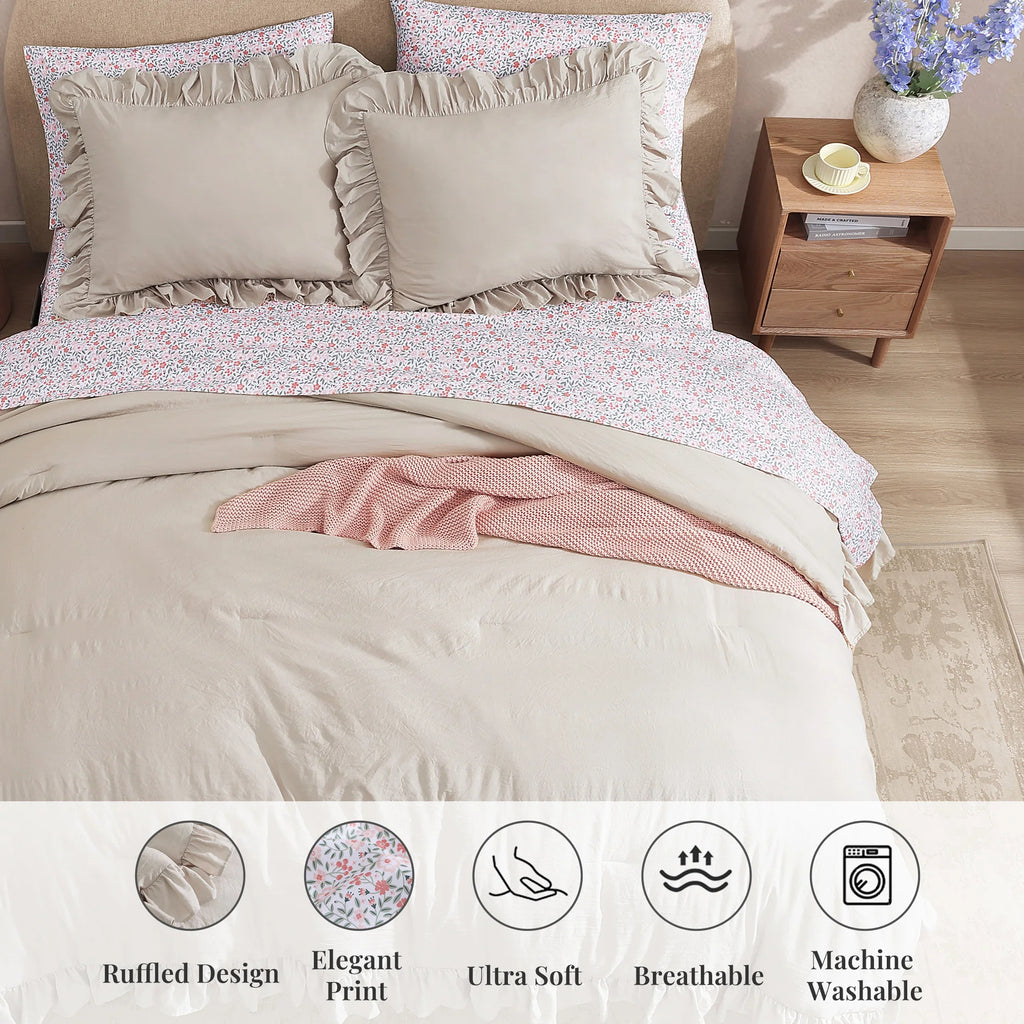Amberspace Ruffle Design 7-piece Bed in a Bag Comforter Set with Sheets