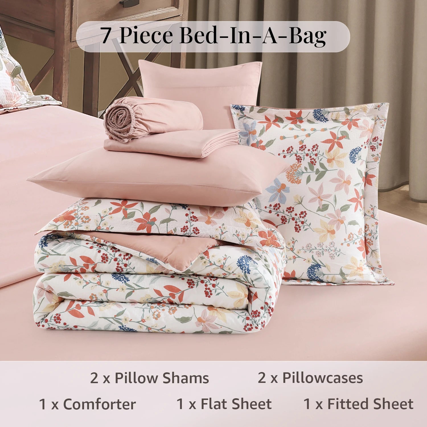 Amberspace Floral 7-piece Bed in a Bag Set with Sheets