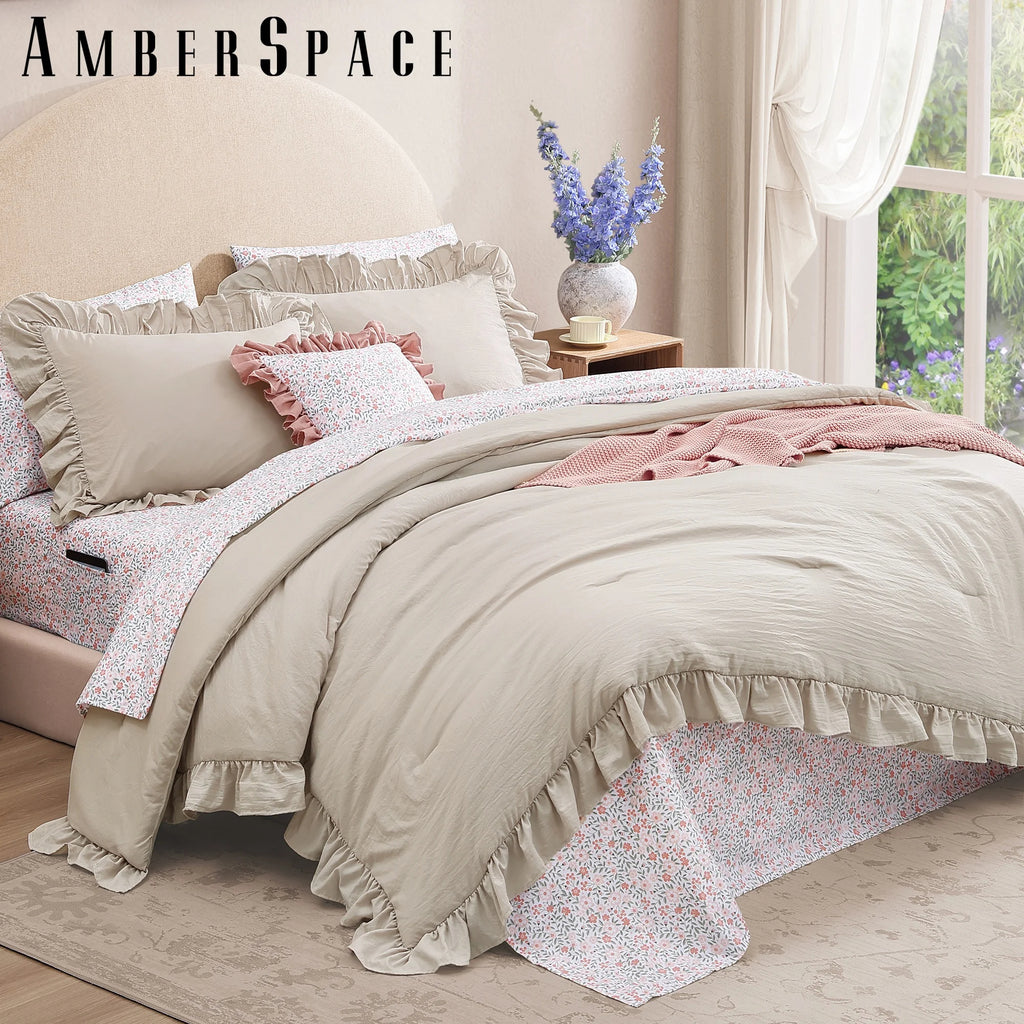 Amberspace Ruffle Design 7-piece Bed in a Bag Comforter Set with Sheets