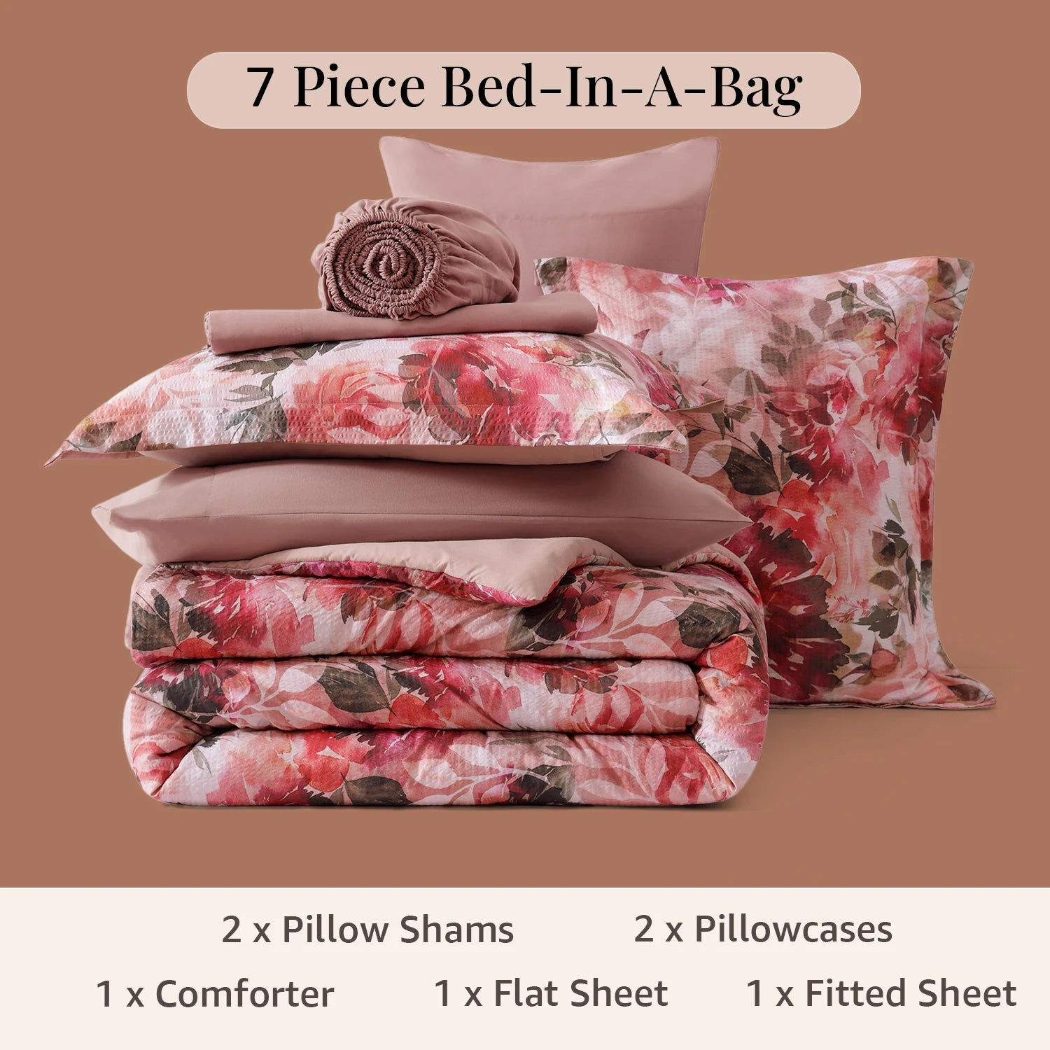 Amberspace Floral 7-piece Bed in a Bag Set with Sheets
